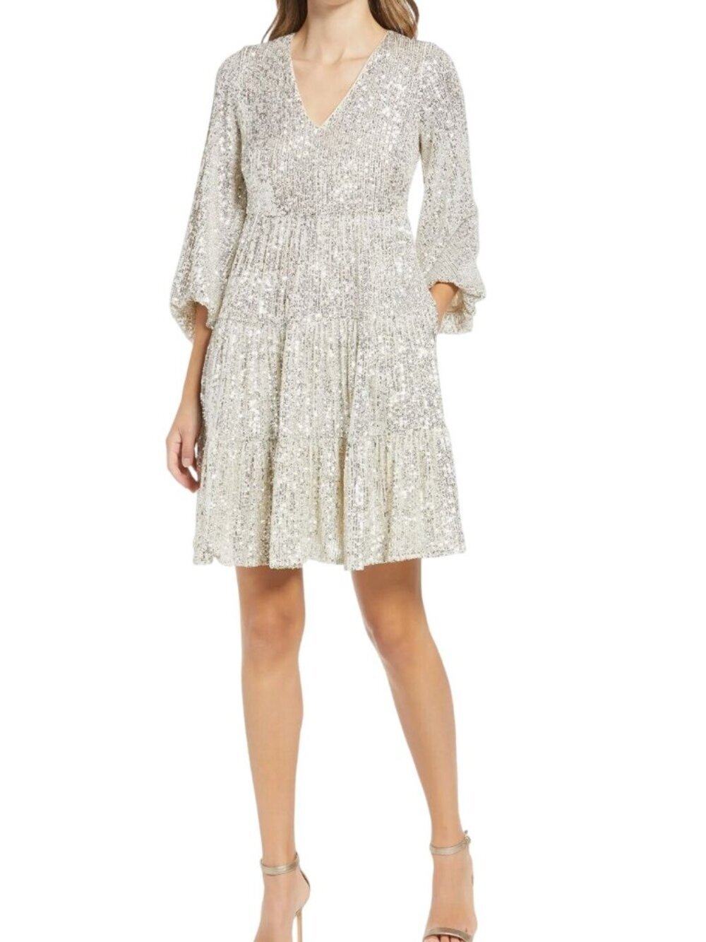 Eliza J Balloon Sleeve Tiered Sequin Skater Babydoll Dress Pockets Lined Size 10